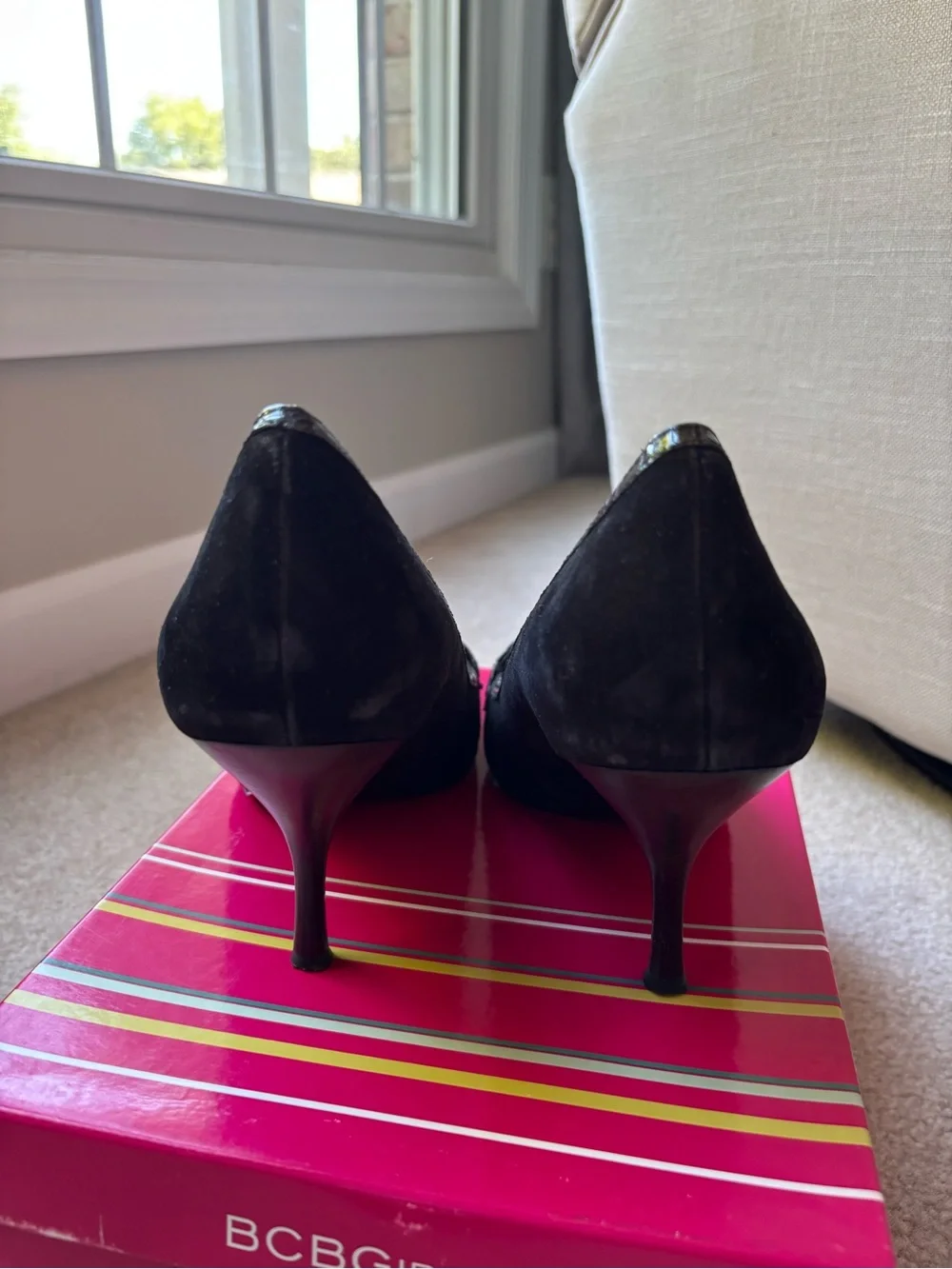 BCBGirls Black Suede Pointed Toe Pumps with Croc-Trim Accent